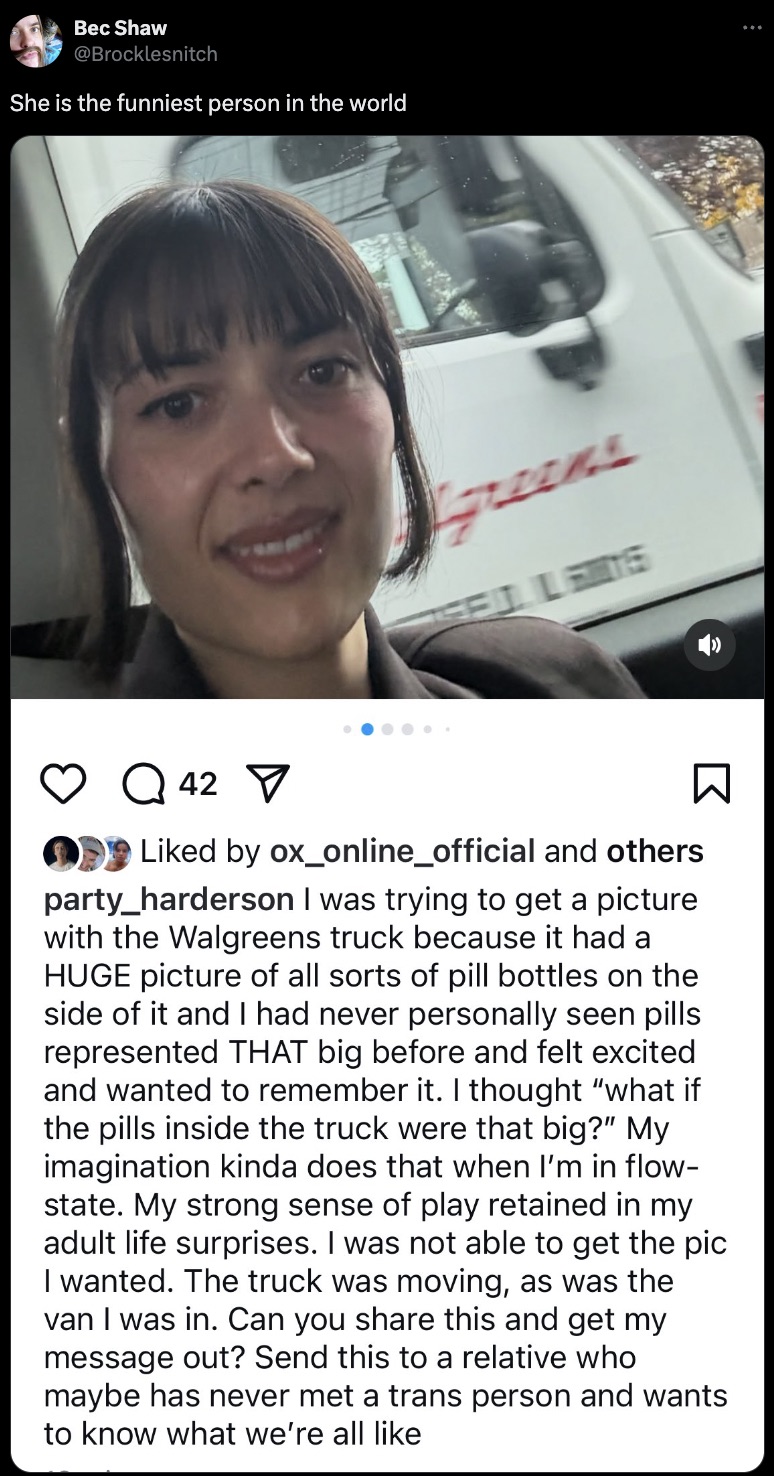 screenshot - Bec Shaw She is the funniest person in the world Q 42 Speens Teel L 6016 d by ox_online_official and others party_harderson I was trying to get a picture with the Walgreens truck because it had a Huge picture of all sorts of pill bottles on t